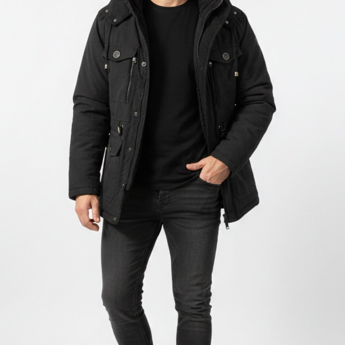 Black men's hooded utility jacket worn open over a black tee