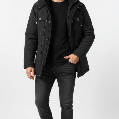 Black men's hooded utility jacket worn open over a black tee