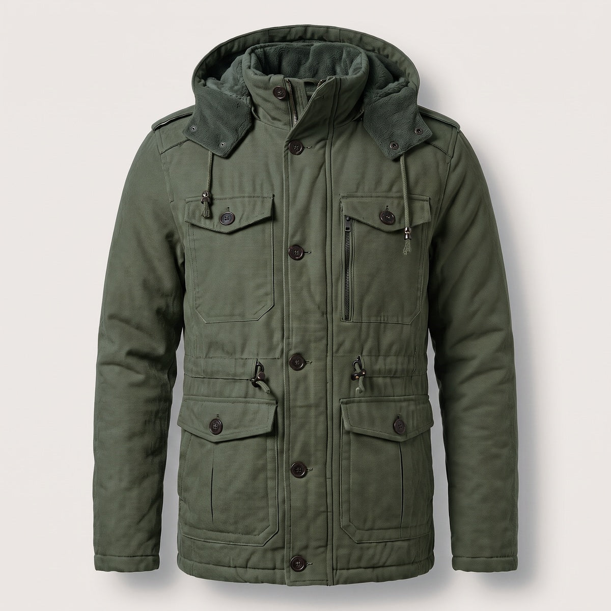 Green men's hooded utility jacket with flap pockets, front view