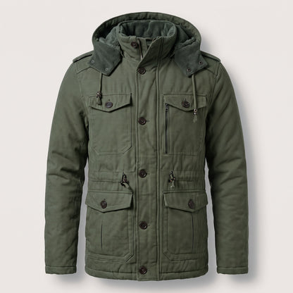 Green men's hooded utility jacket with flap pockets, front view