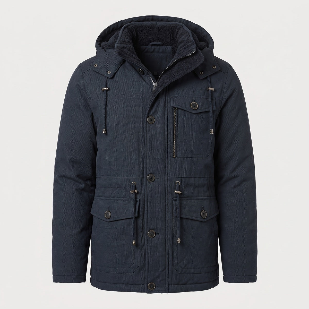 Navy men's hooded utility jacket with flap pockets, front view