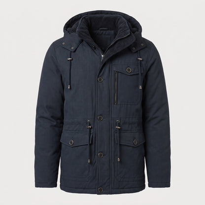 Navy men's hooded utility jacket with flap pockets, front view
