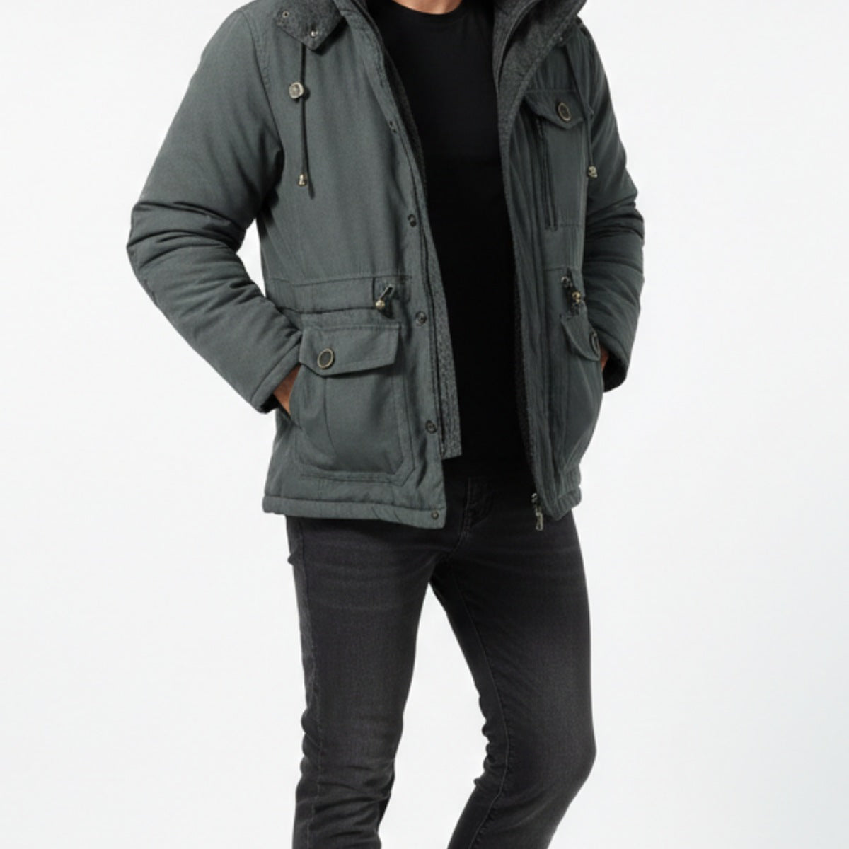 Gray men's hooded utility jacket worn open over a black tee