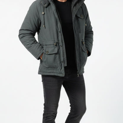 Gray men's hooded utility jacket worn open over a black tee
