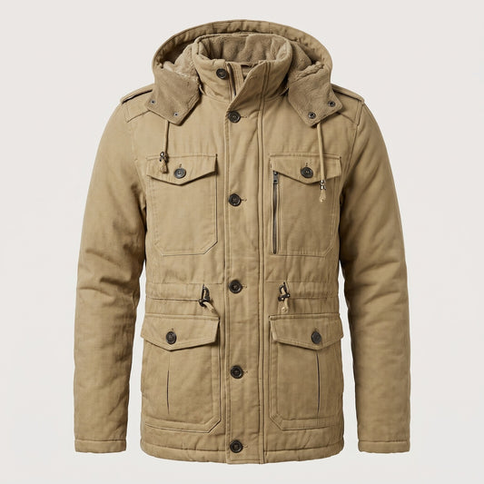 Khaki men's hooded utility jacket with flap pockets, front view