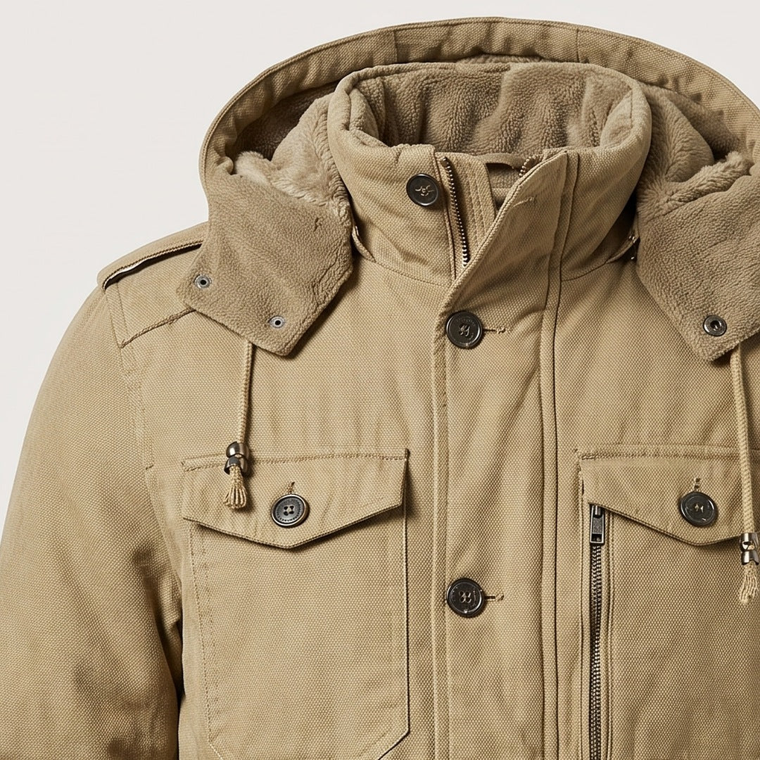 Hood with drawcords and pile-style collar on a men's utility jacket