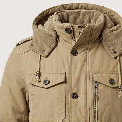 Hood with drawcords and pile-style collar on a men's utility jacket