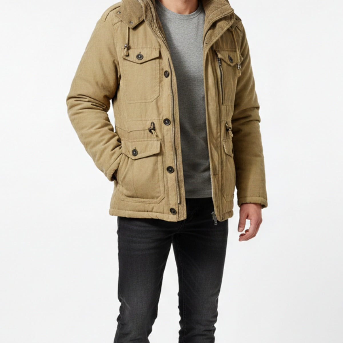 Khaki men's hooded utility jacket worn open over a grey tee