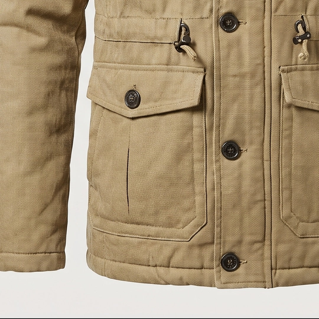 Waist drawcord and large flap pockets on a men's utility jacket