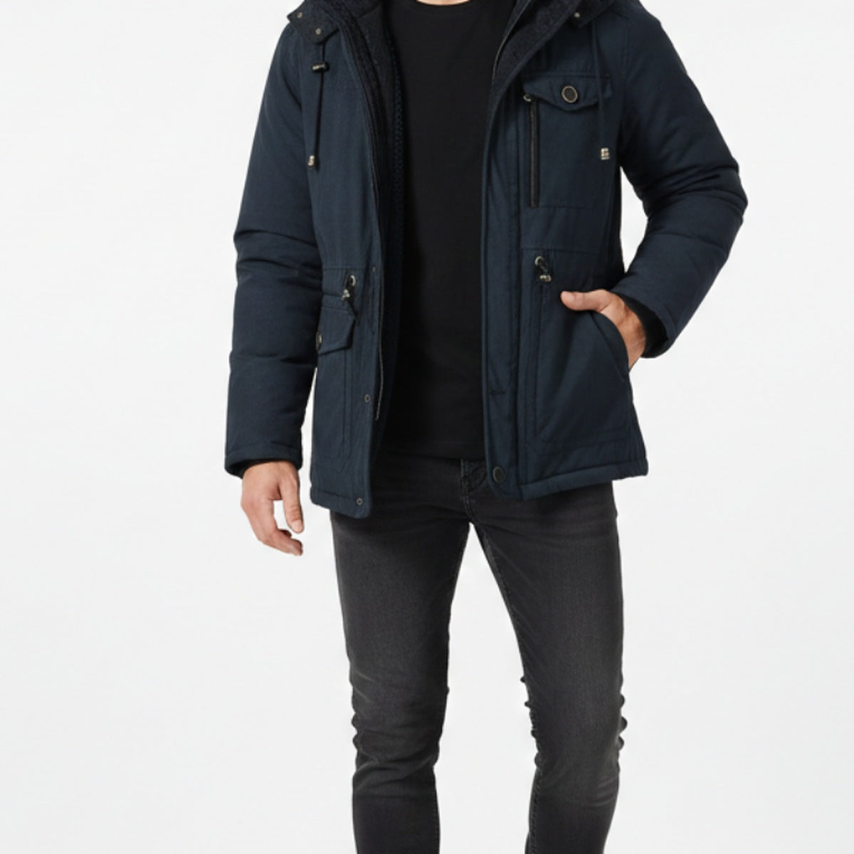 Navy men's hooded utility jacket worn open over a black tee