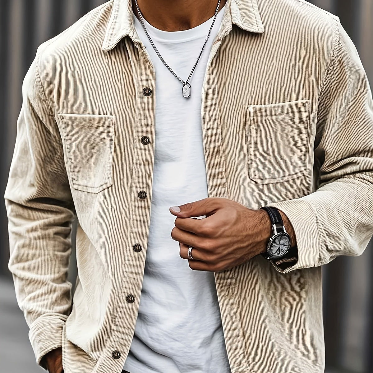 Beige men's corduroy overshirt worn open over a white tee