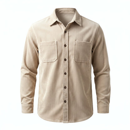 Beige men's corduroy overshirt with two chest pockets and button front