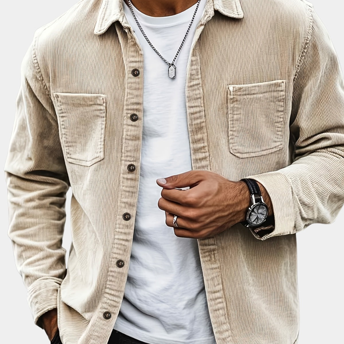 Beige men's corduroy overshirt styled open on a plain background