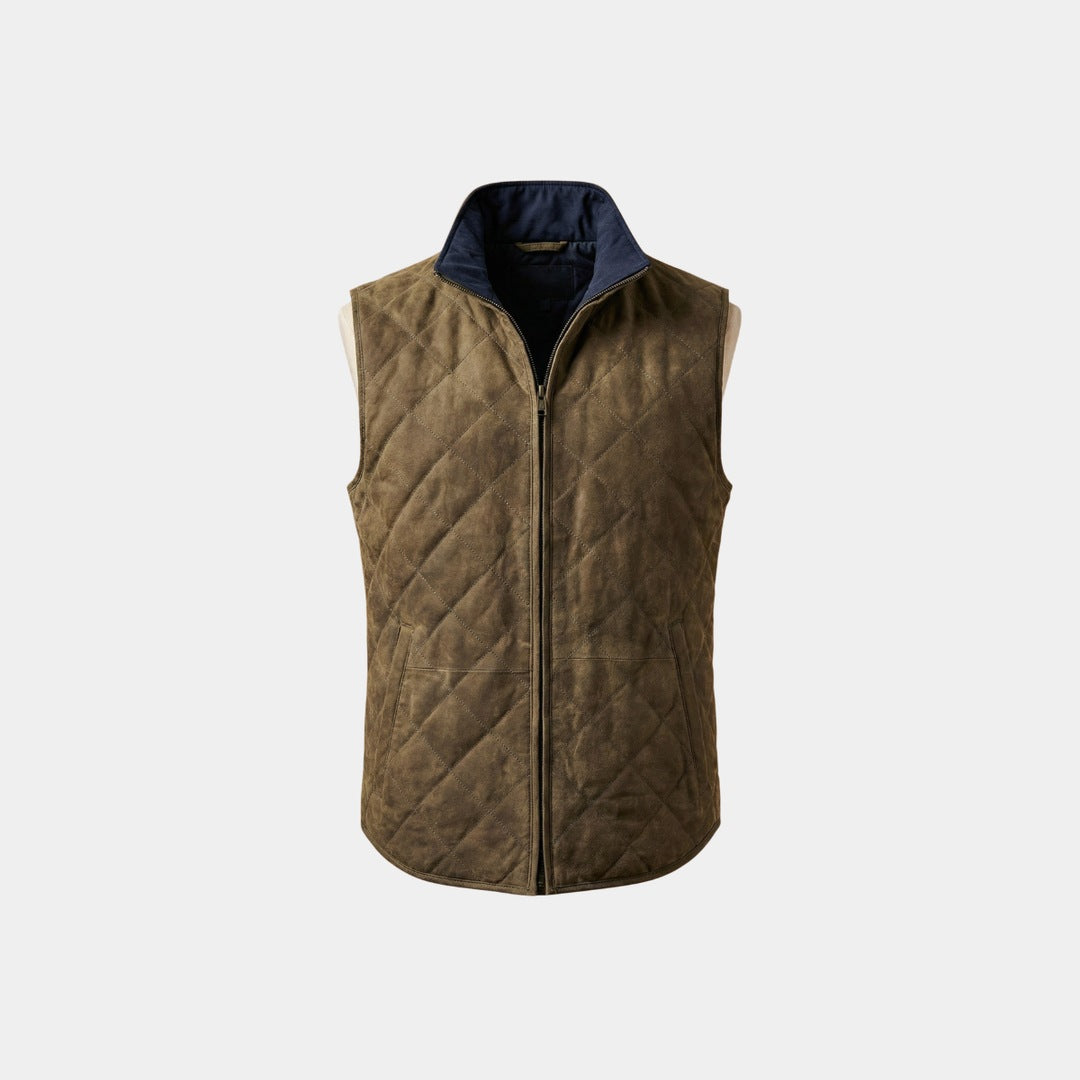 Men's diamond stitch zip vest on a plain background