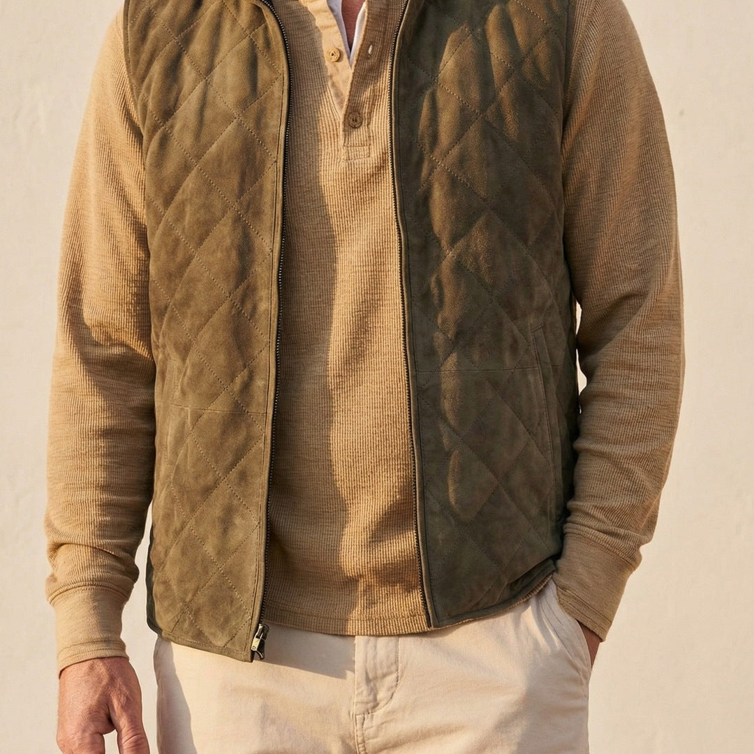 Men's diamond stitch zip vest worn open over a henley