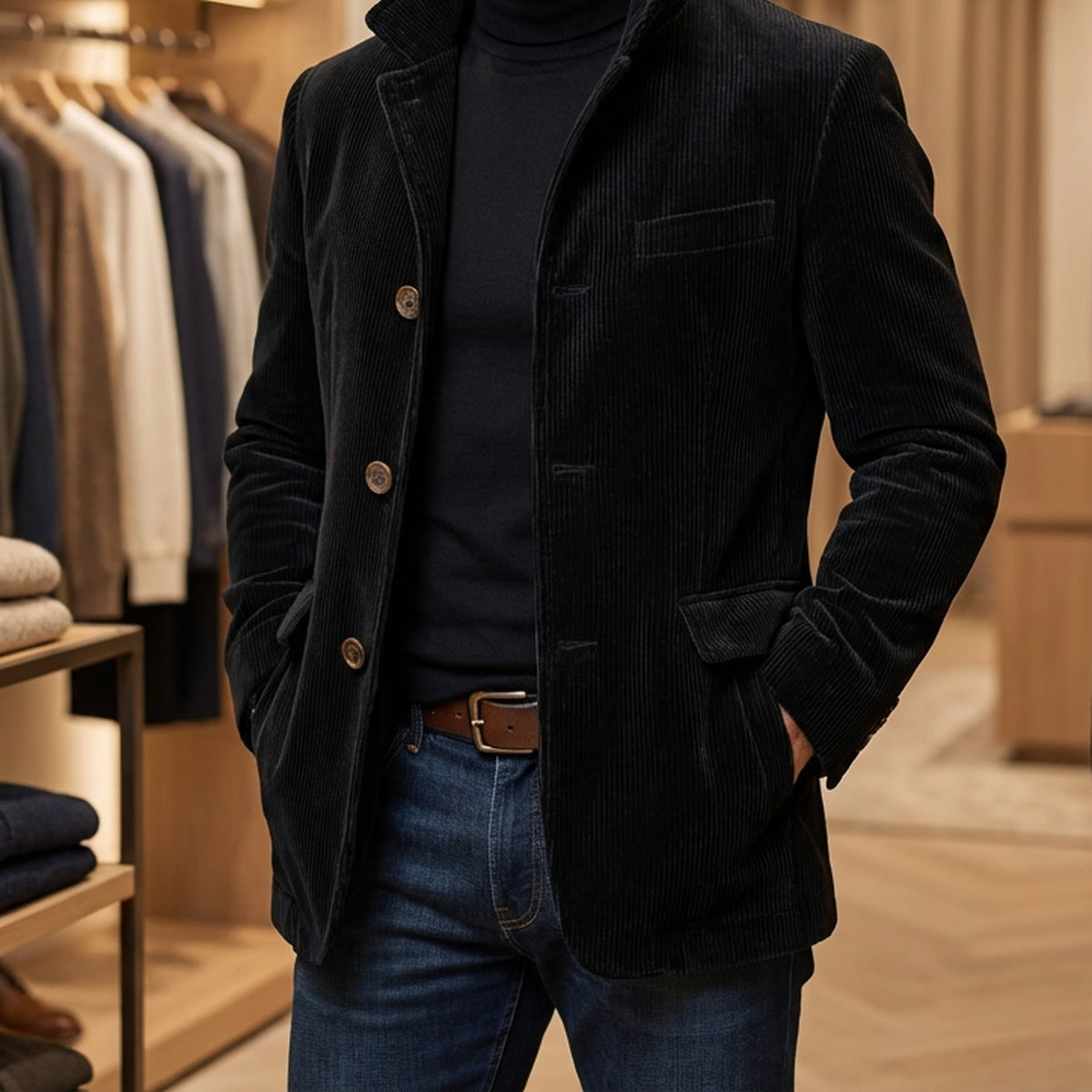 Black men's corduroy-look button jacket worn over a black roll neck