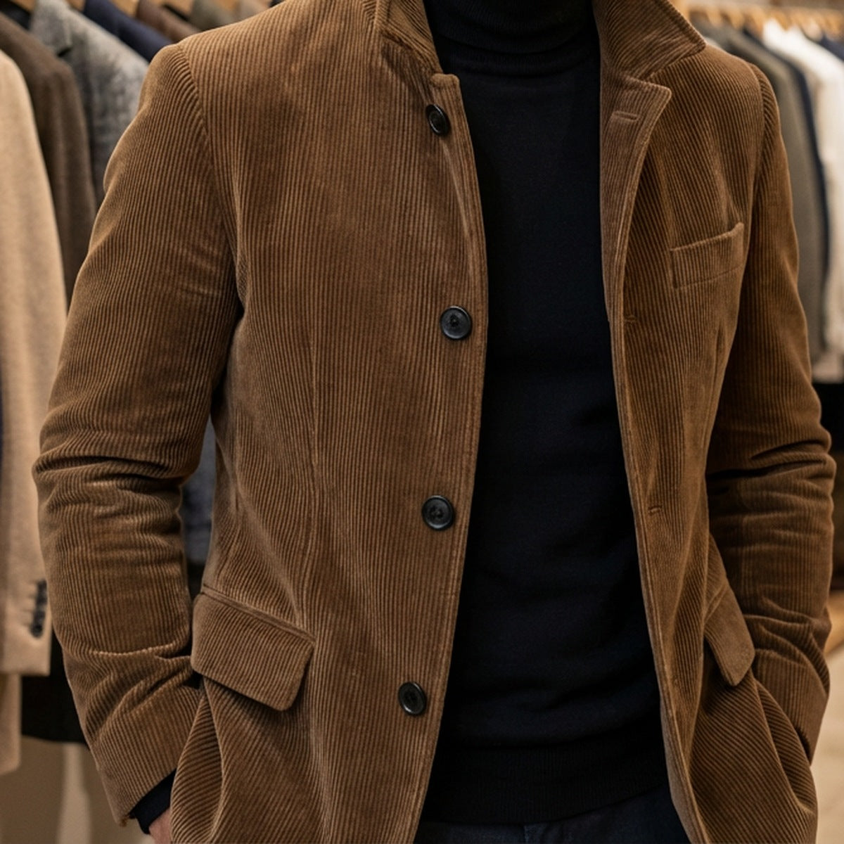 Light Brown men's corduroy-look button jacket worn over a black roll neck