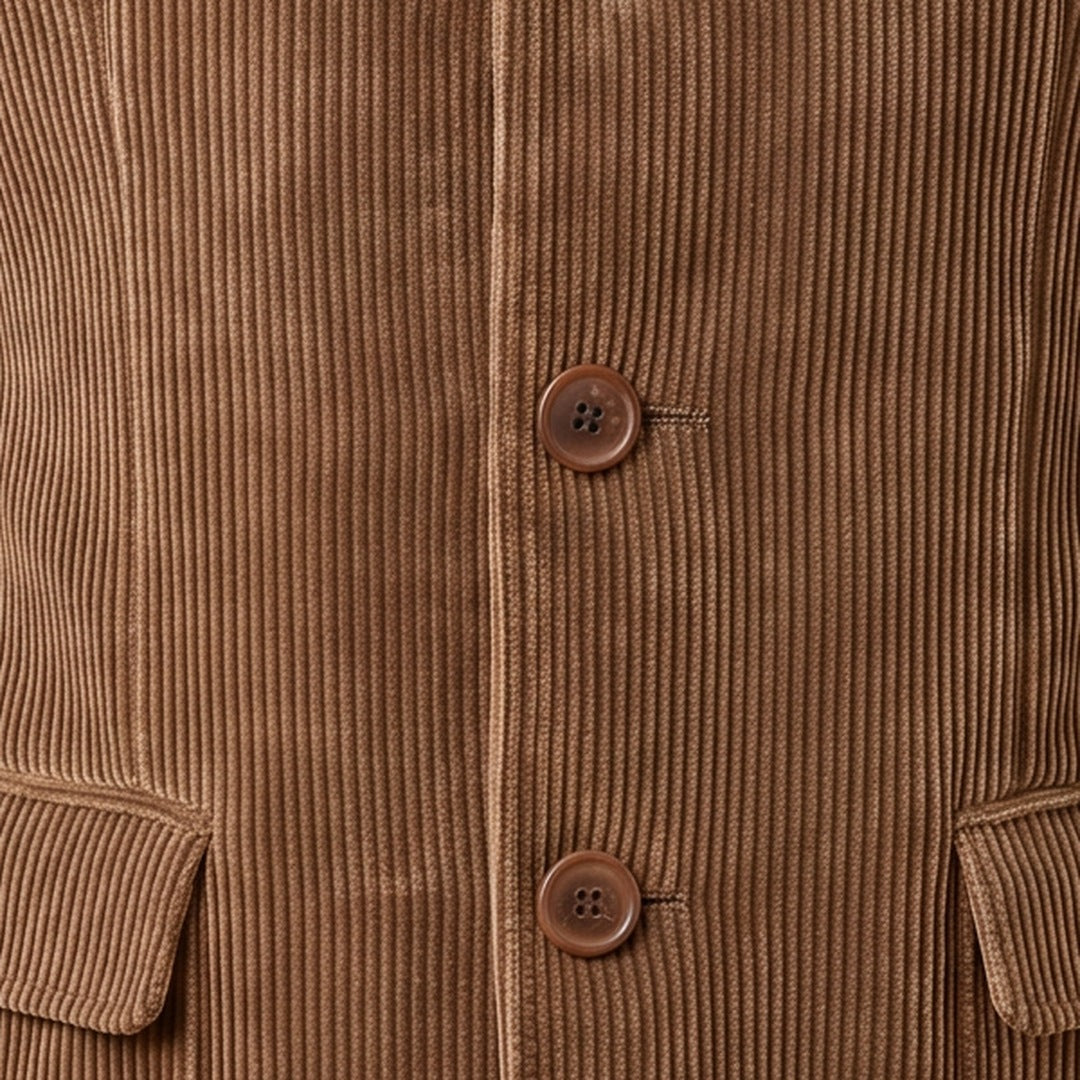 Round buttons and hip flap pocket on a men's corduroy-look jacket