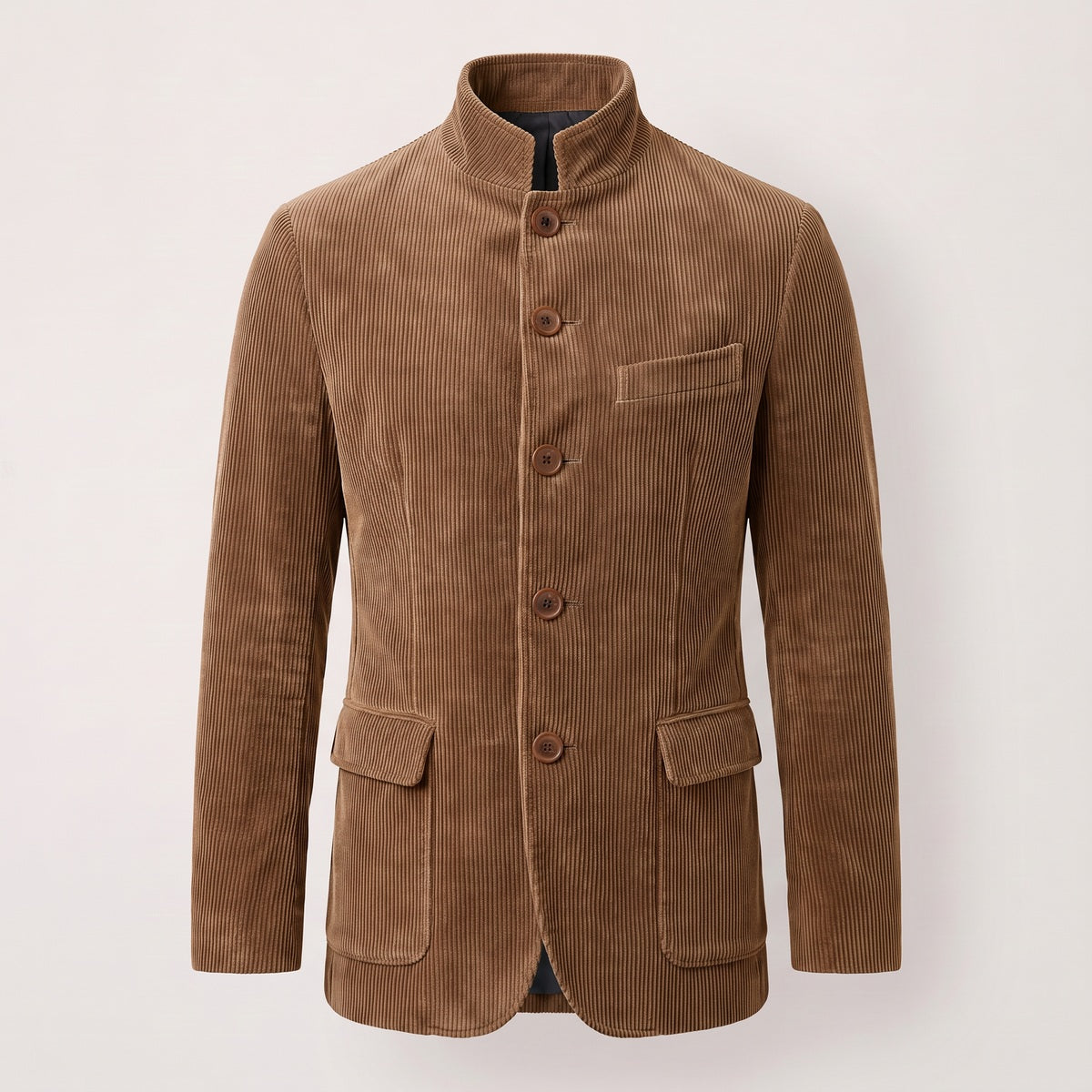 Light Brown men's corduroy-look stand collar button jacket, front view