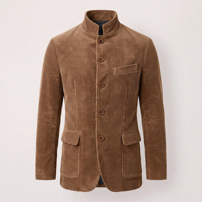 Light Brown men's corduroy-look stand collar button jacket, front view
