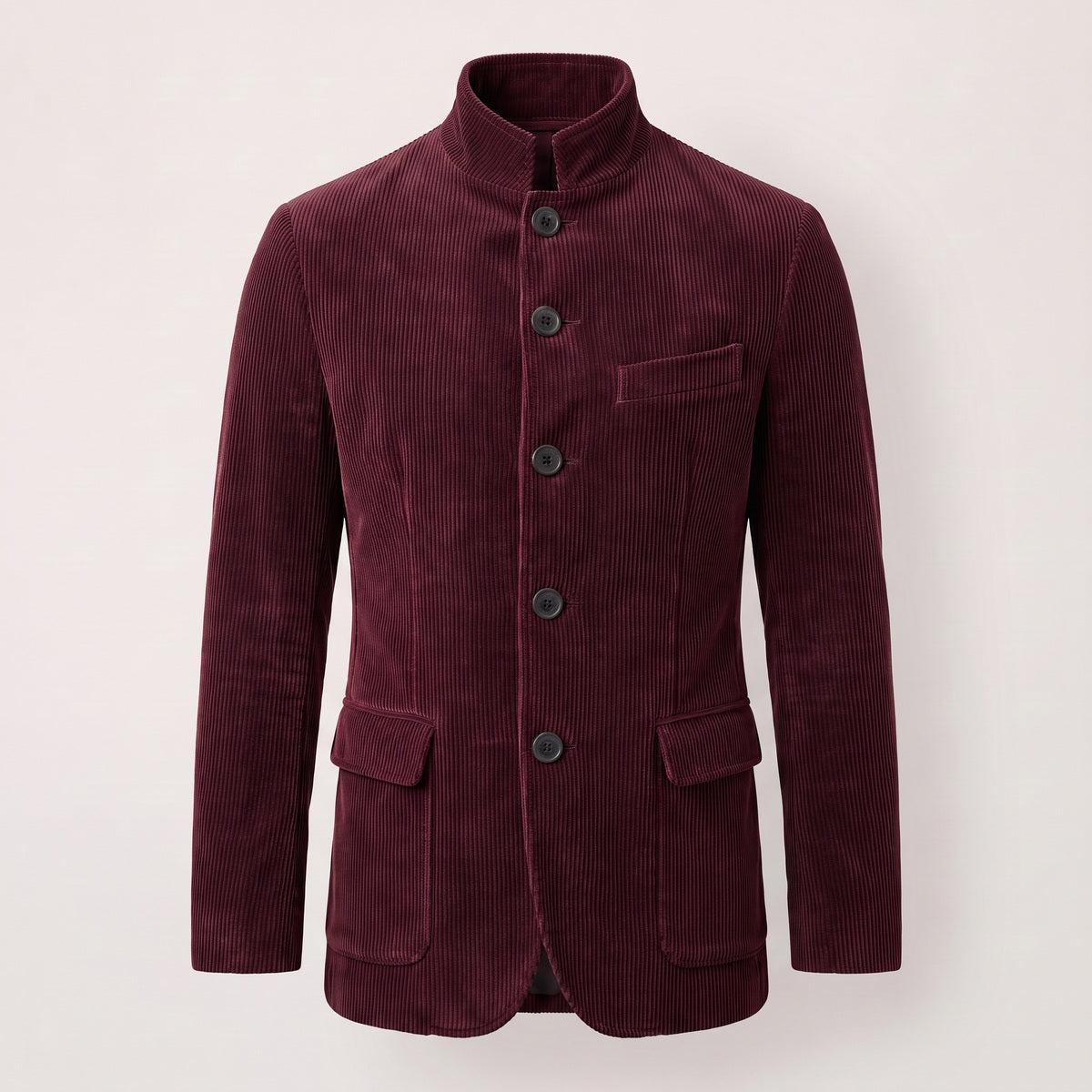 Burgundy men's corduroy-look stand collar button jacket, front view