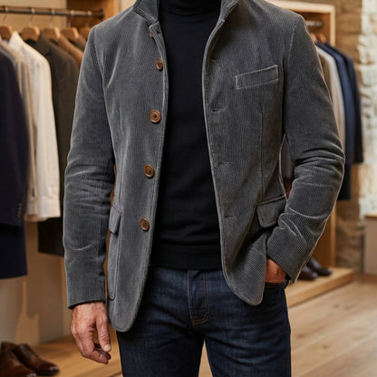 Gray men's corduroy-look button jacket worn over a black roll neck