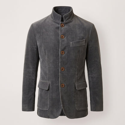Gray men's corduroy-look stand collar button jacket, front view