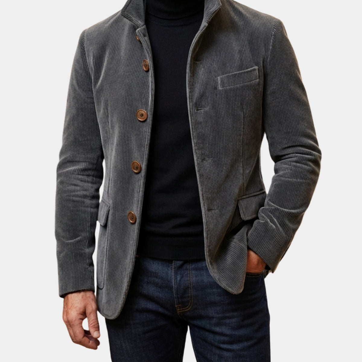 Gray men's corduroy-look stand collar jacket styled with jeans