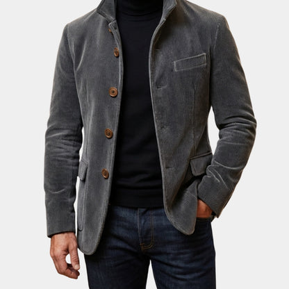 Gray men's corduroy-look stand collar jacket styled with jeans