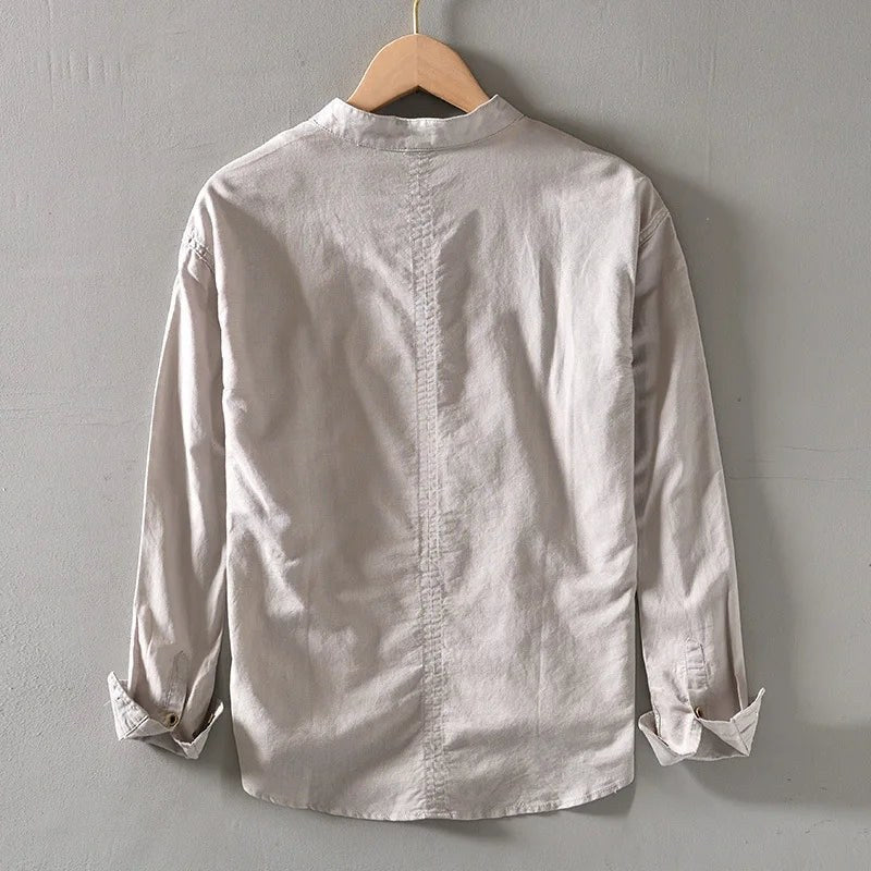 Back of the khaki band-collar shirt on a hanger