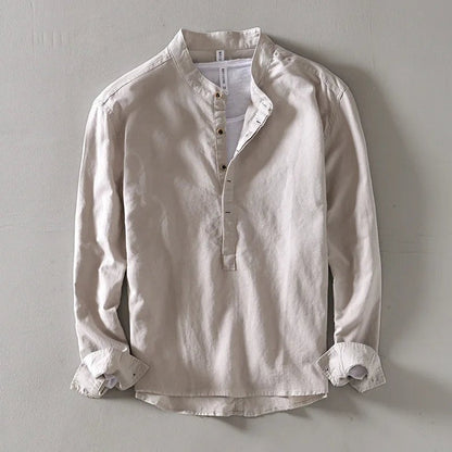 Khaki band-collar shirt with button placket and rolled cuffs, front view