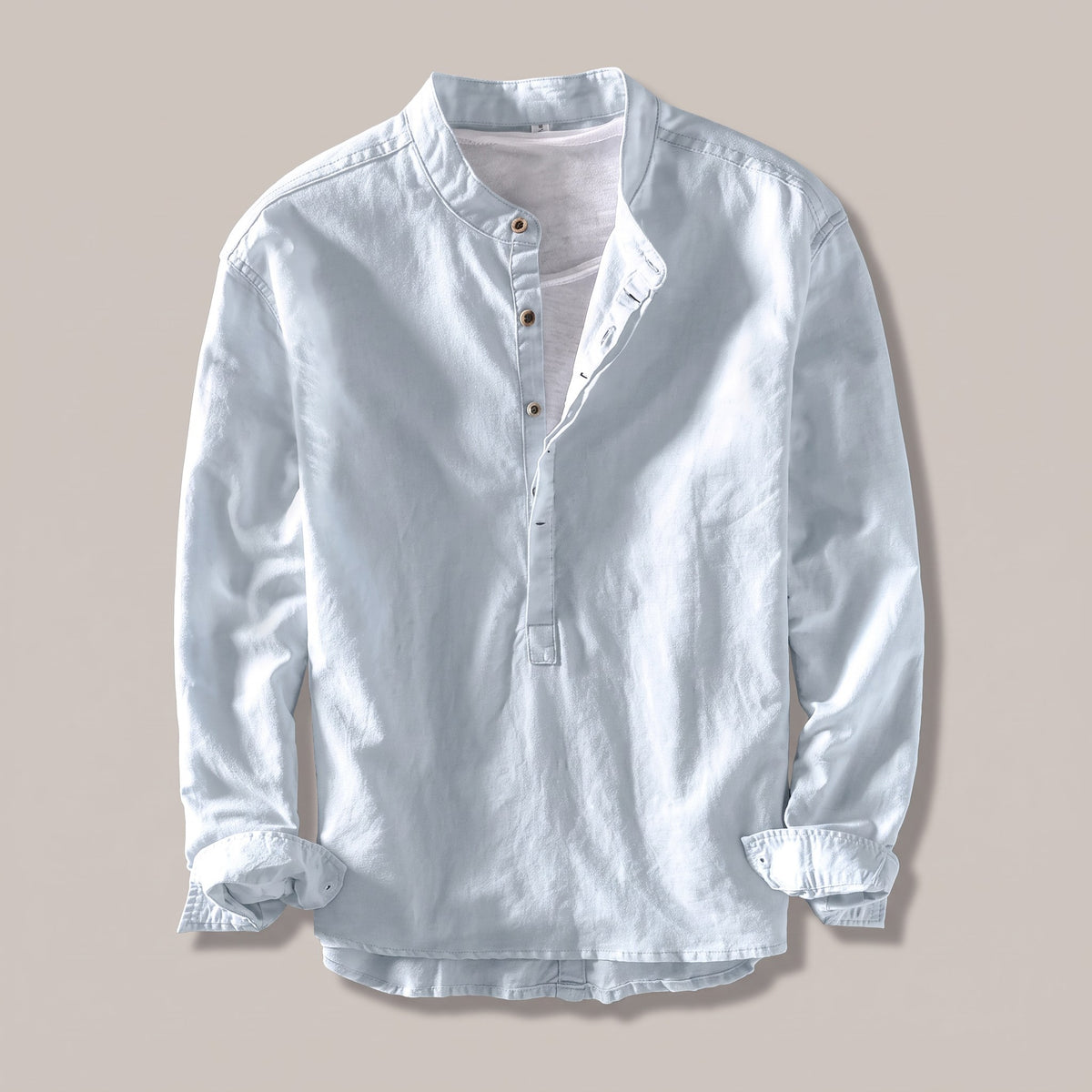 Light blue long sleeve band-collar shirt with button placket, front view