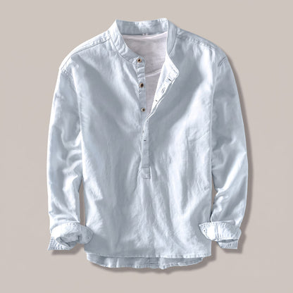 Light blue long sleeve band-collar shirt with button placket, front view