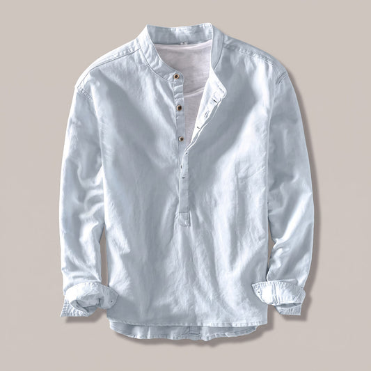 Light blue long sleeve band-collar shirt with button placket, front view