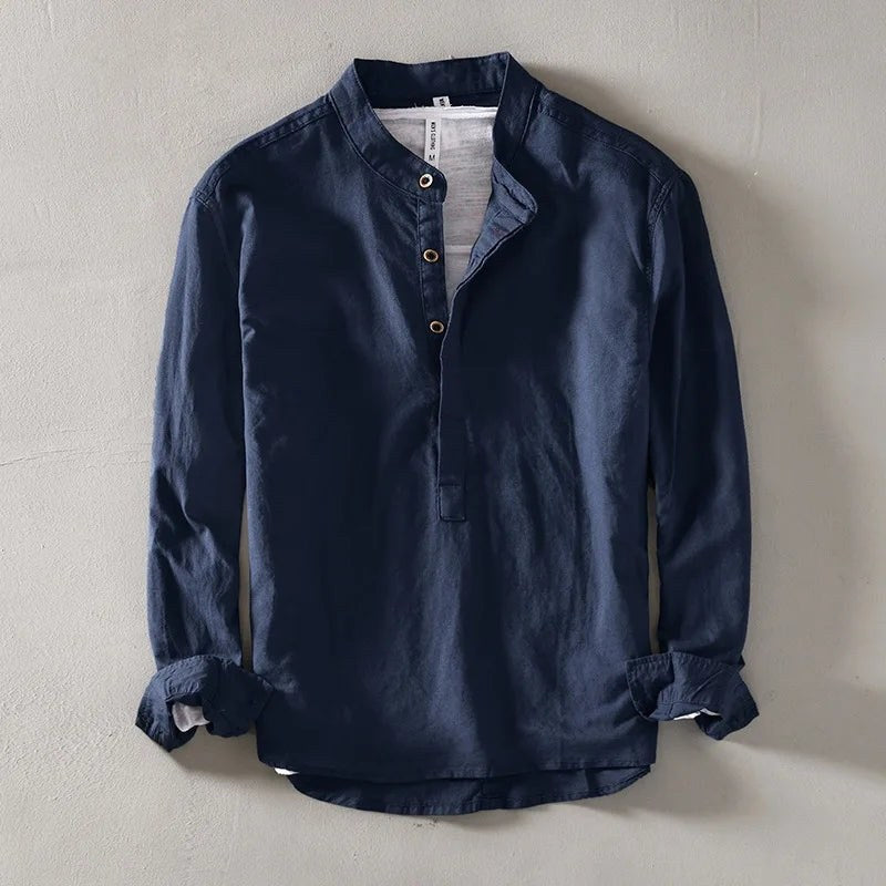 Navy blue band-collar shirt with button placket, front view