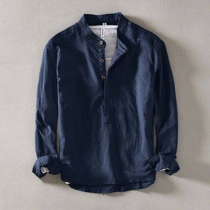 Navy blue band-collar shirt with button placket, front view