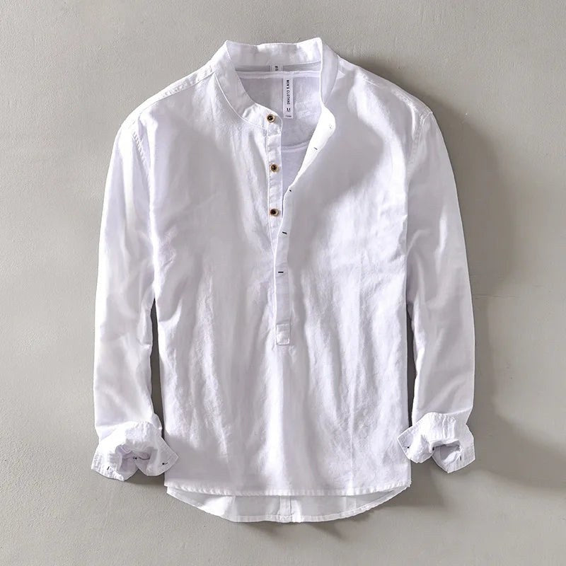 White band-collar shirt with button placket, front view