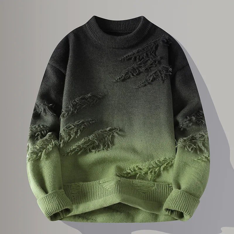 Black and green gradient crewneck knit with distressed detail, front view