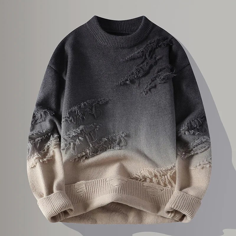 Black and khaki gradient crewneck knit with distressed detail, front view