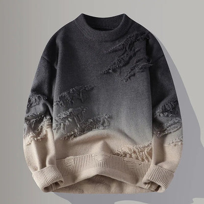 Black and khaki gradient crewneck knit with distressed detail, front view