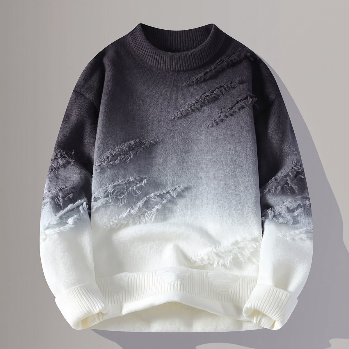 Black and white gradient crewneck knit with distressed detail, front view