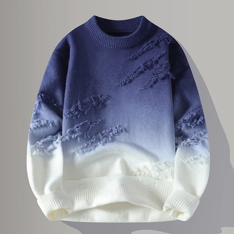 Blue and white gradient crewneck knit with distressed detail, front view
