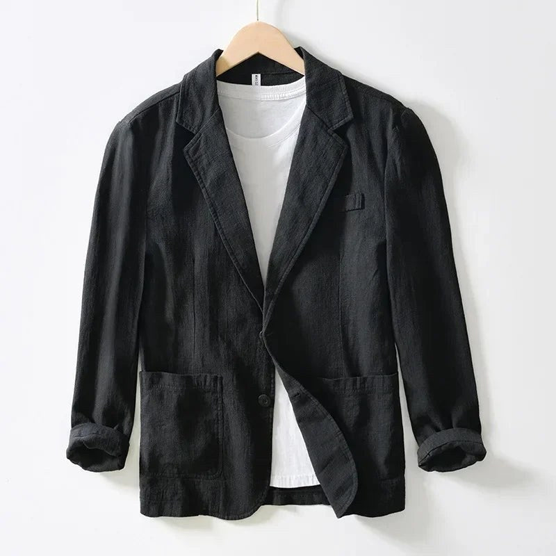 Black single-button blazer with notch lapel and patch pockets, front view