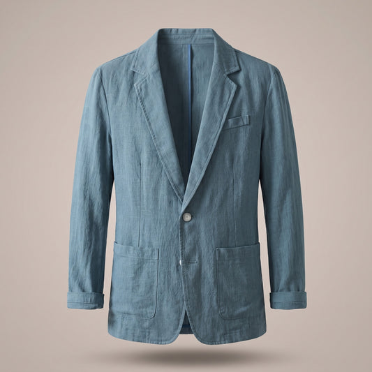 Teal blue single-button blazer with notch lapel and patch pockets, front view