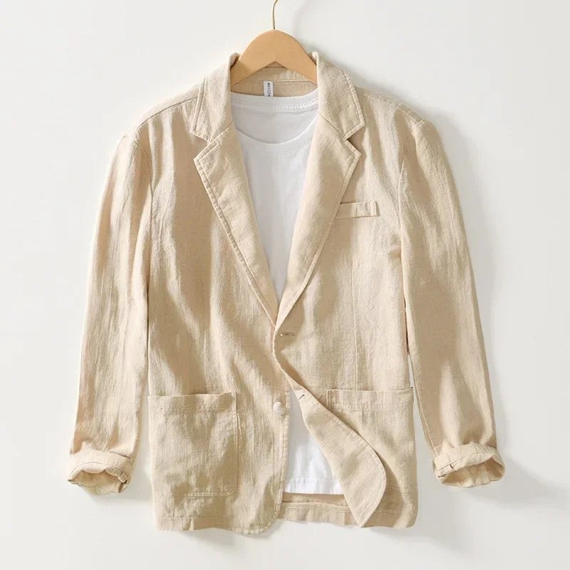 Khaki single-button blazer with notch lapel and patch pockets, front view