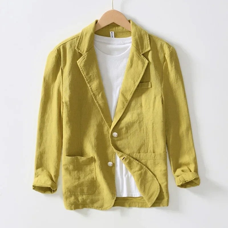 Mustard yellow single-button blazer with notch lapel and patch pockets, front view