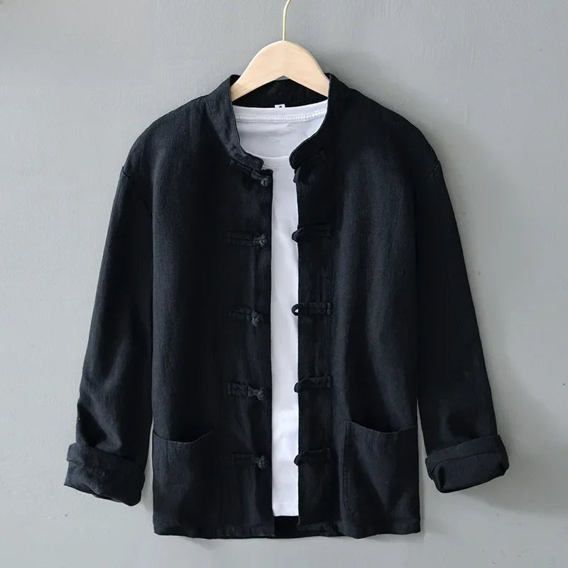 Black mandarin collar shirt with frog button closure and patch pockets, front view