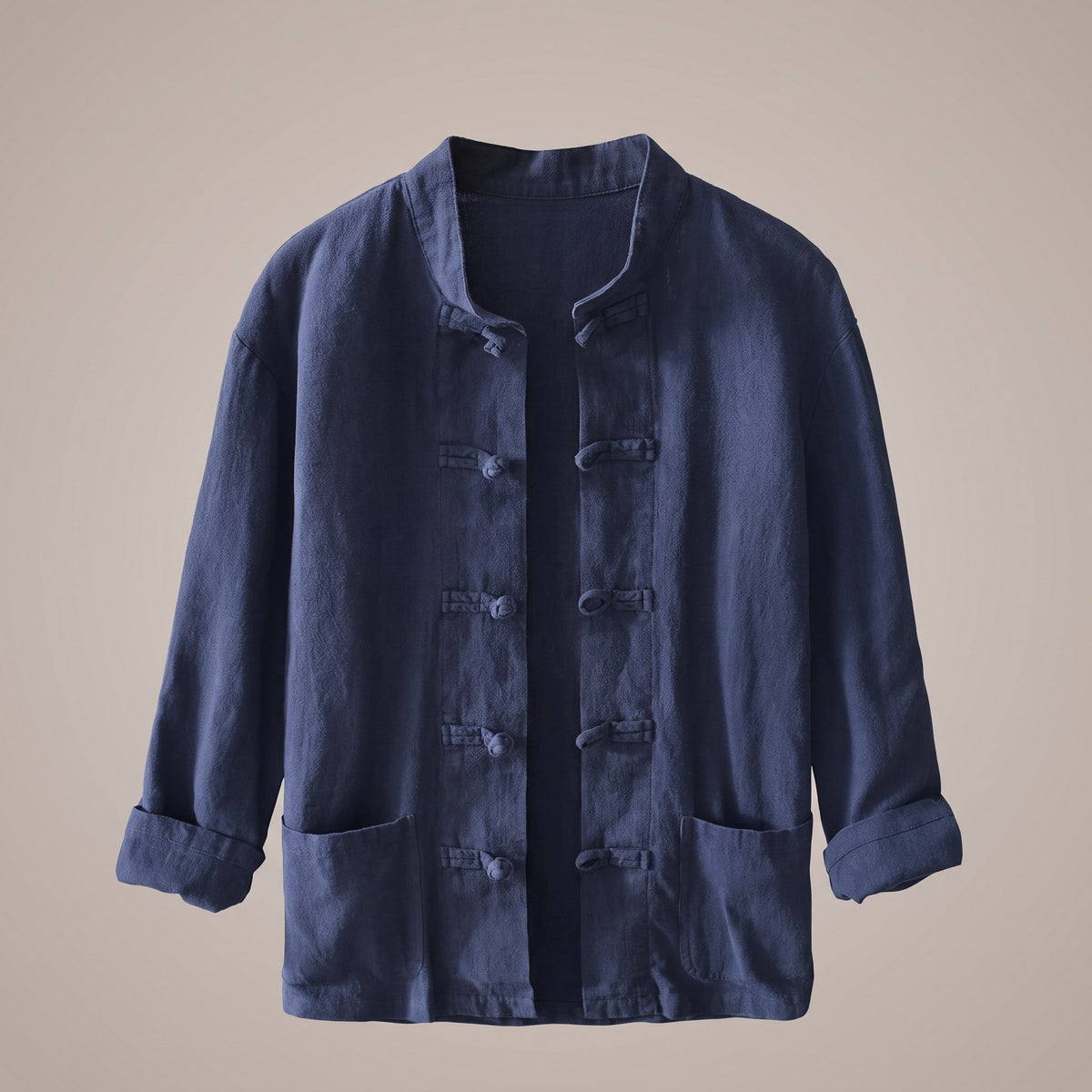 Navy blue mandarin collar shirt with frog button closure and patch pockets, front view