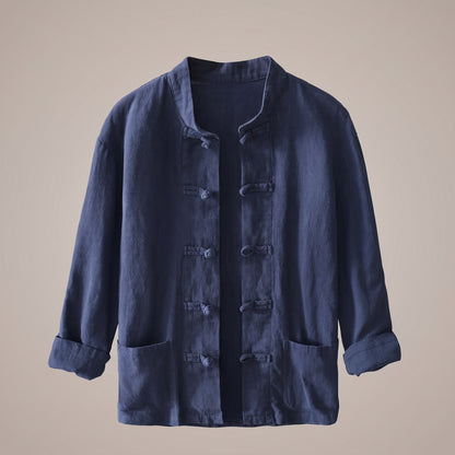 Navy blue mandarin collar shirt with frog button closure and patch pockets, front view