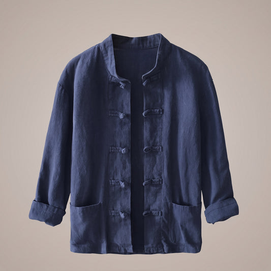 Navy blue mandarin collar shirt with frog button closure and patch pockets, front view
